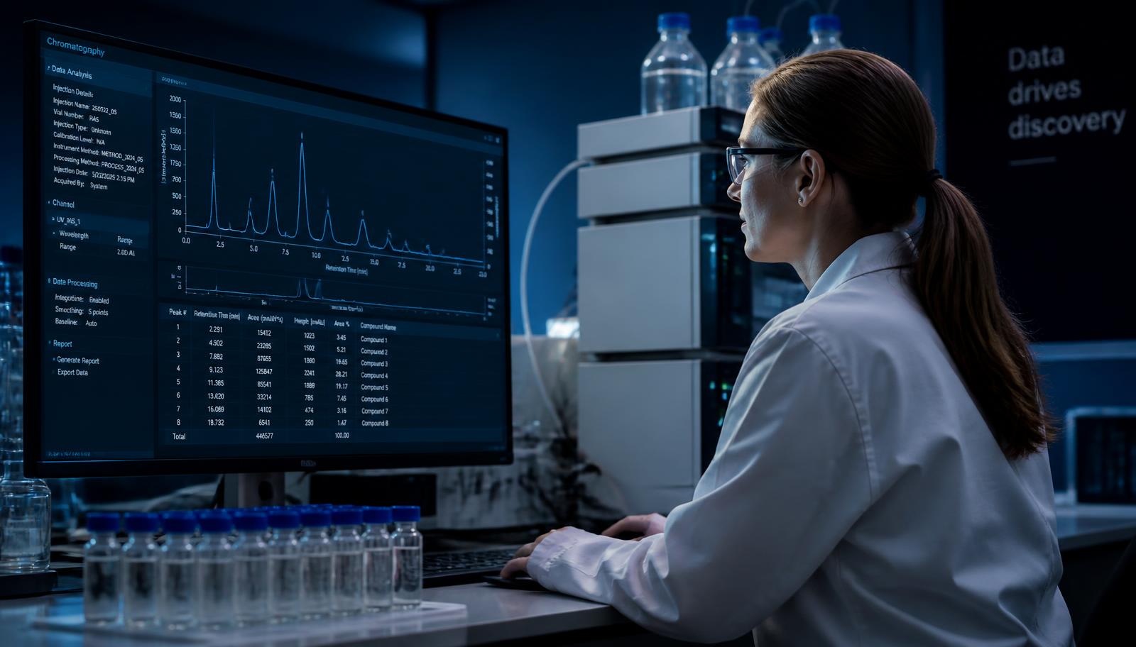 Analyst reviewing a chromatography readout in a laboratory