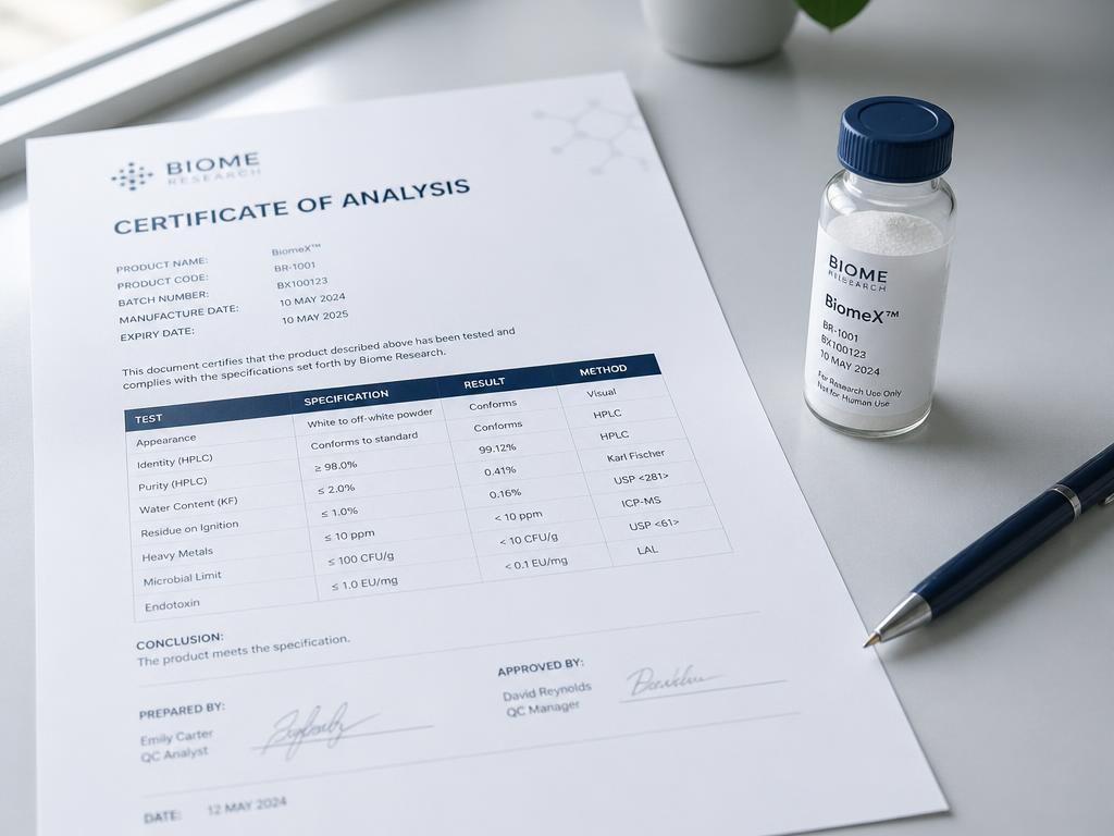 Certificate of analysis laid out beside a sealed research vial