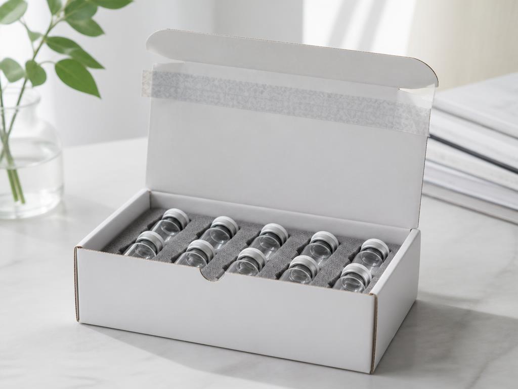 Plain shipping box with a research vial seated in foam