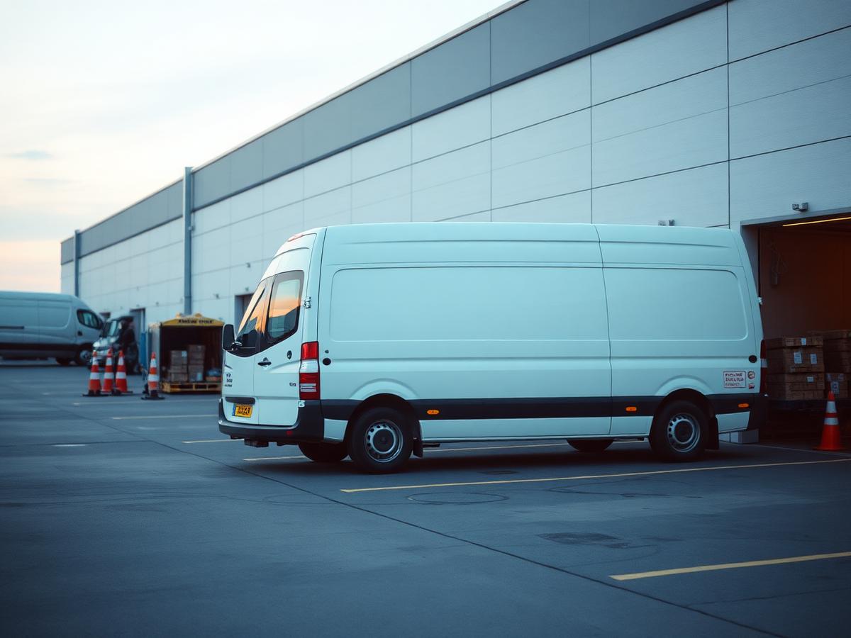 Plain courier van loading parcels at a dispatch dock